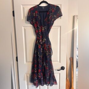 Lulu's Navy Midi Wrap Dress with Red Floral Print